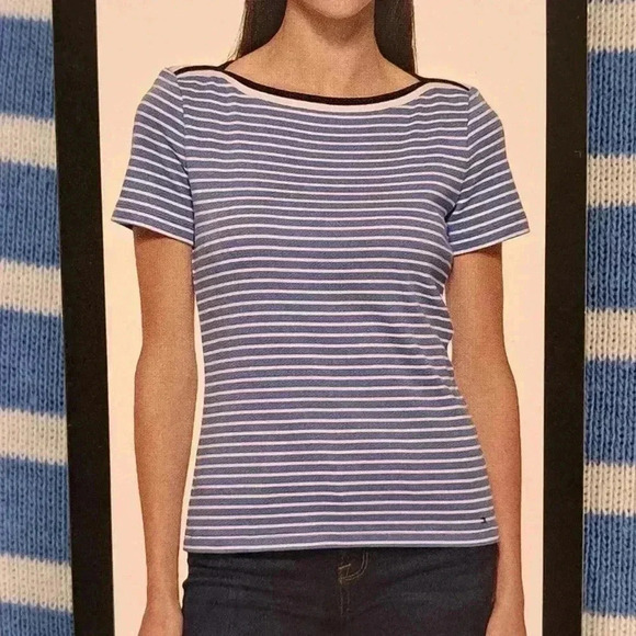 ❤ NWT Tommy Hilfiger Striped T-shirt Blue White Boatneck Tee Medium Short Sleeve - Picture 15 of 15